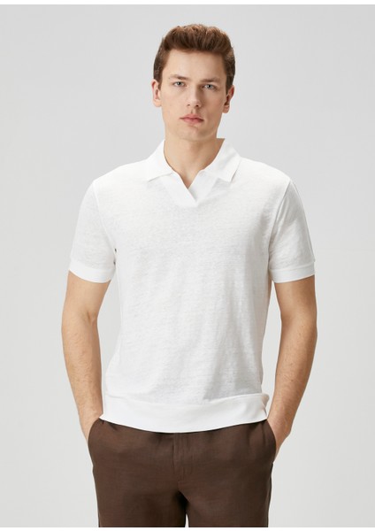 Beyaz Polo Yaka Keten T-Shirt