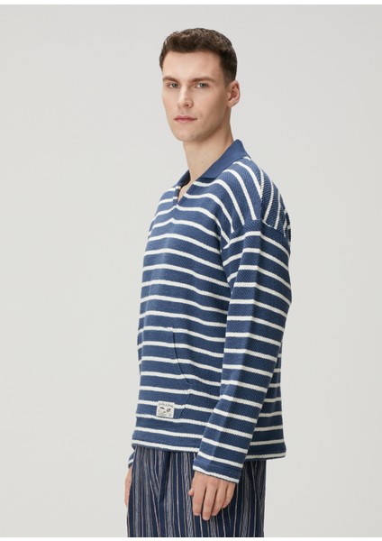 Loose Fit Lacivert Beyaz Çizgi Desenli Sweatshirt modelleri
