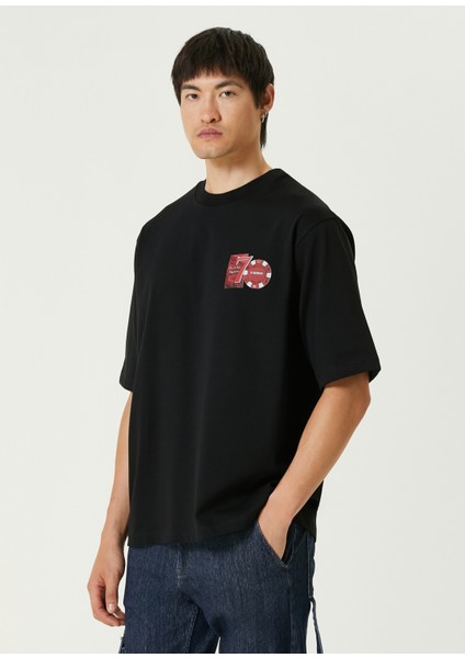 7 Baskı Detaylı Siyah Oversize Kısa Kollu Erkek T-Shirt
