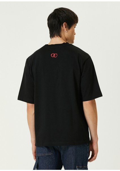 7 Baskı Detaylı Siyah Oversize Kısa Kollu Erkek T-Shirt