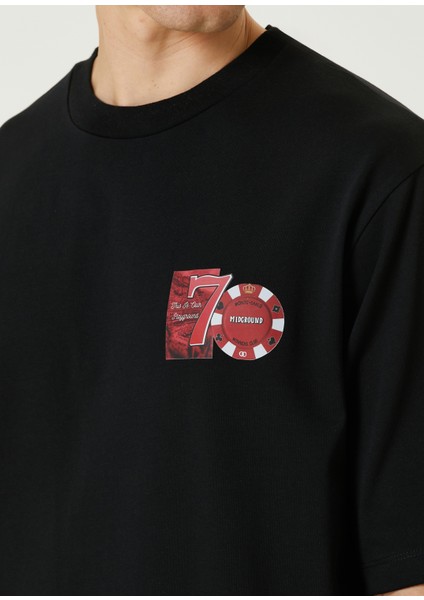 7 Baskı Detaylı Siyah Oversize Kısa Kollu Erkek T-Shirt