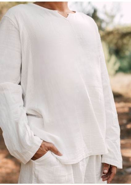 Krem Rengi Müslin Uzun Kollu Erkek Yoga T-Shirt fiyatları