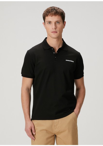 Siyah Polo Yaka Logo Baskılı T-Shirt