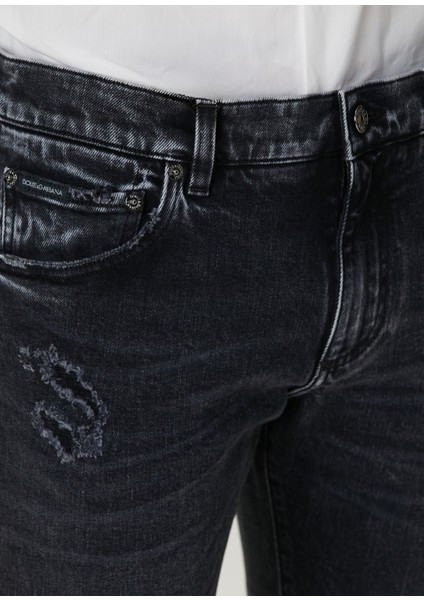 Siyah Yıpratma Detaylı Jean Pantolon