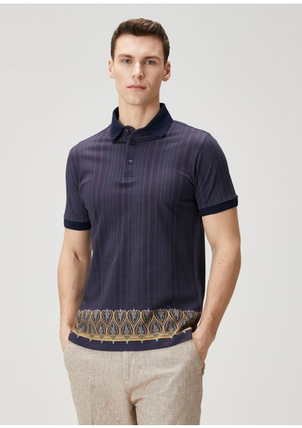 Lacivert Polo Yaka Çizgili Etnik Desenli T-Shirt