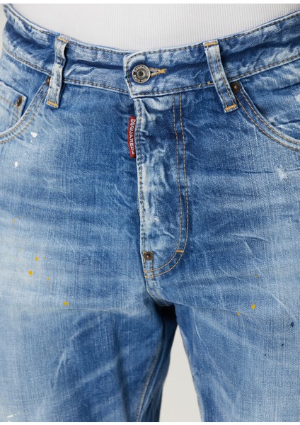 Mavi Fırça Darbesi Desenli Jean Pantolon