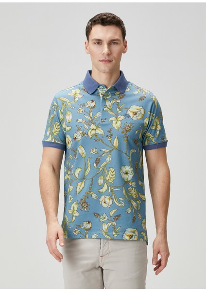 Turkuaz Polo Yaka Çiçek Desenli T-Shirt