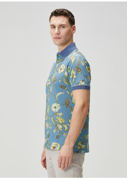 Turkuaz Polo Yaka Çiçek Desenli T-Shirt modelleri