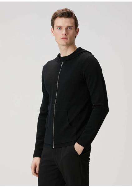 Siyah Kapüşonlu Yün Sweatshirt