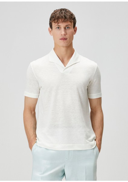 Beyaz Polo Yaka Keten T-Shirt