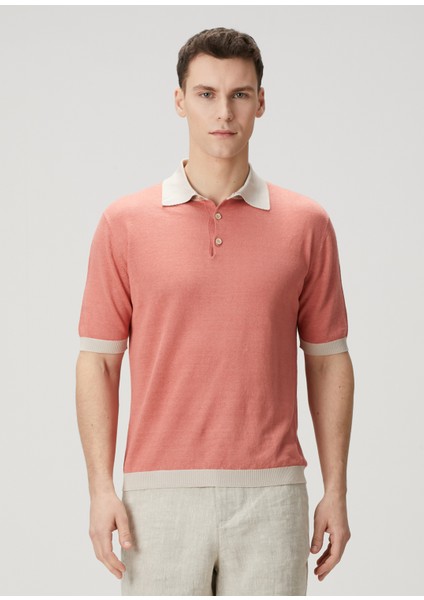 Pembe Polo Yaka Kısa Kollu Keten Triko