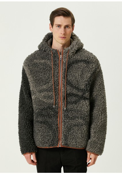 Siyah Gri Kapüşonlu Shearling Mont