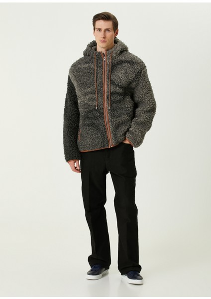 Siyah Gri Kapüşonlu Shearling Mont