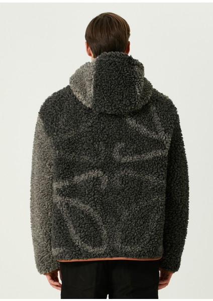 Siyah Gri Kapüşonlu Shearling Mont