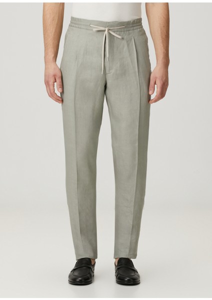 Taupe Beli Kordonlu Keten Pantolon
