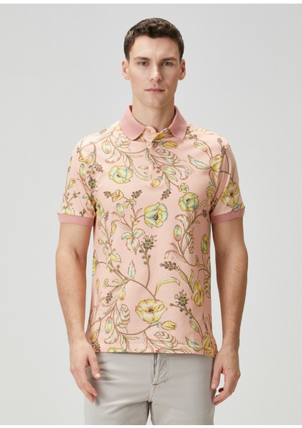 Pembe Polo Yaka Çiçek Desenli T-Shirt