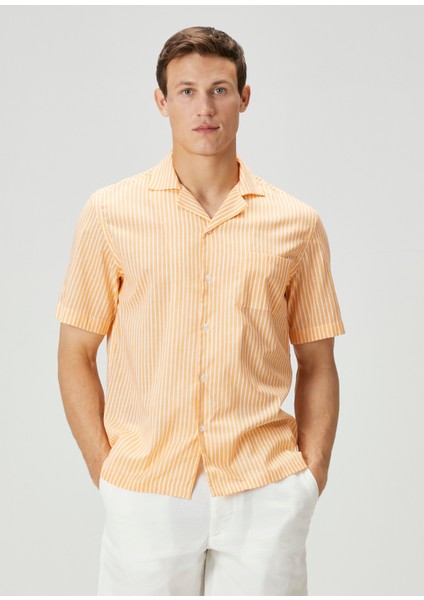 Camicia Turuncu Beyaz Çizgili Kısa Kollu Gömlek