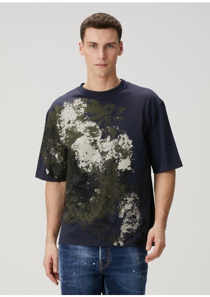 Loose Fit Lacivert Kamuflaj Desen Detaylı T-Shirt