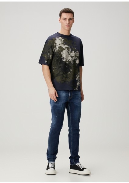 Loose Fit Lacivert Kamuflaj Desen Detaylı T-Shirt