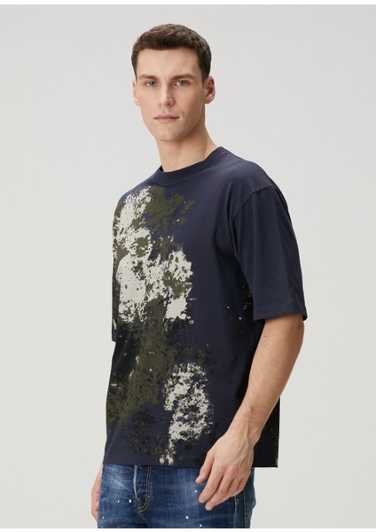 Loose Fit Lacivert Kamuflaj Desen Detaylı T-Shirt