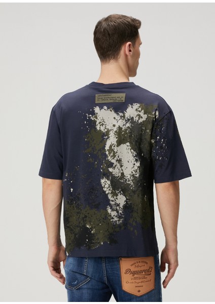 Loose Fit Lacivert Kamuflaj Desen Detaylı T-Shirt