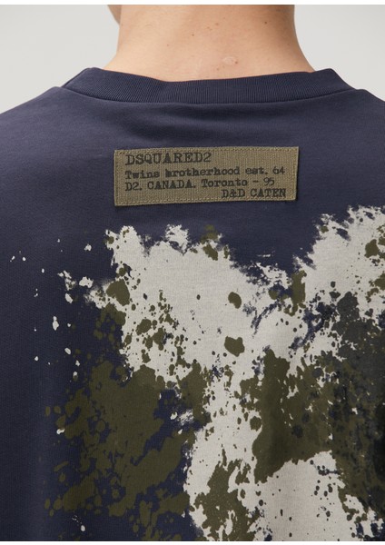 Loose Fit Lacivert Kamuflaj Desen Detaylı T-Shirt