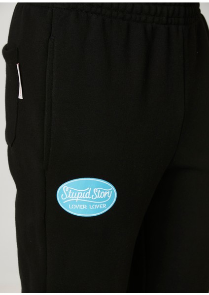 Siyah Slogan Detaylı Jogger Eşofman Altı