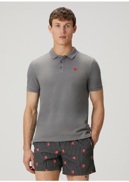 Koyu Gri Polo Yaka Ahtapot Nakışlı T-Shirt