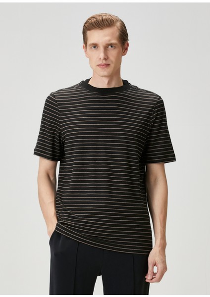 Siyah Bej Çizgili Keten T-Shirt