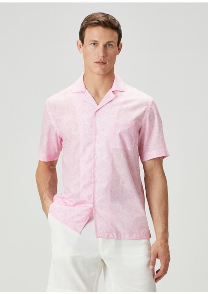 Camicia Pembe Etnik Desenli Kısa Kollu Gömlek