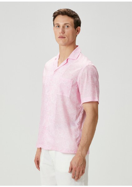 Camicia Pembe Etnik Desenli Kısa Kollu Gömlek