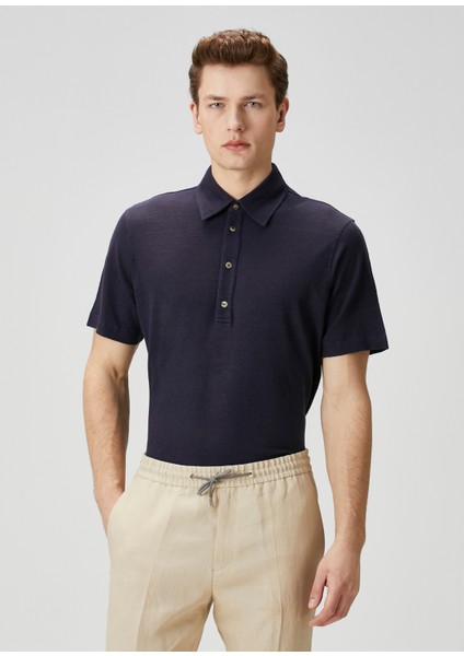 Lacivert Polo Yaka Keten T-Shirt