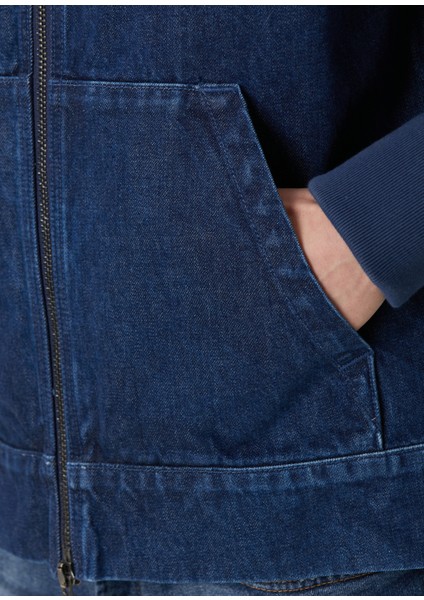 Koyu Mavi Kapüşonlu Denim Ceket