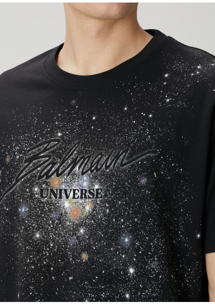 Regular Fit Universe And Star Siyah T-Shirt