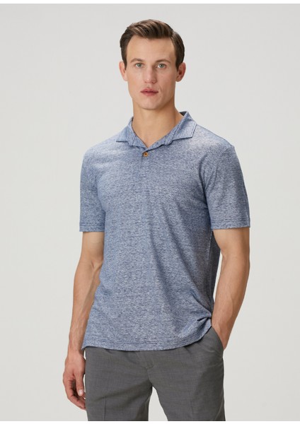 Mavi Polo Yaka Yün Karışımlı Keten T-Shirt