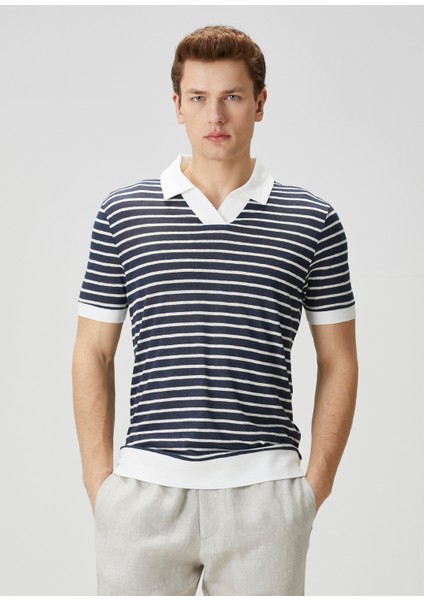 Lacivert Polo Yaka Keten T-Shirt