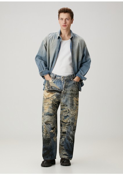 Super Baggy Fit Mavi Baskılı Jean Pantolon
