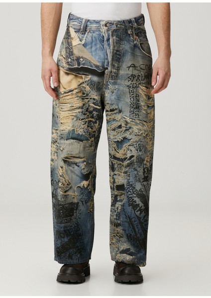 Super Baggy Fit Mavi Baskılı Jean Pantolon