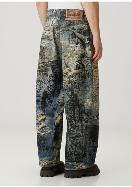 Super Baggy Fit Mavi Baskılı Jean Pantolon