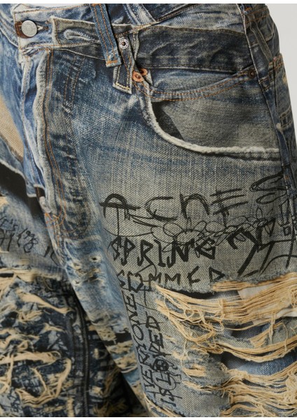 Super Baggy Fit Mavi Baskılı Jean Pantolon