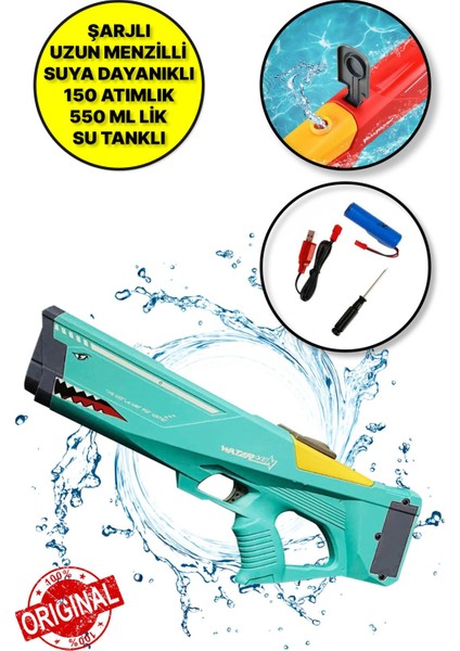 USB ile Şarj Olabilen 550 ml Su Hazneli Uzun Menzilli Elektronik Su Tabancası 43 cm - Yeşil