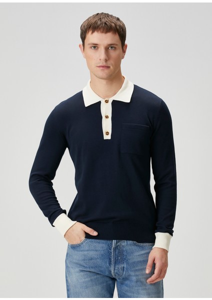 Lacivert Polo Yaka Sweatshirt
