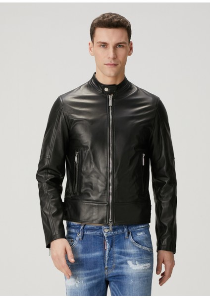 Siyah Deri Biker Ceket