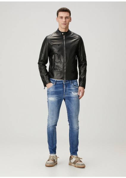 Siyah Deri Biker Ceket