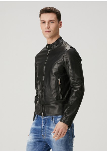 Siyah Deri Biker Ceket