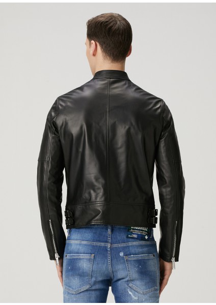 Siyah Deri Biker Ceket