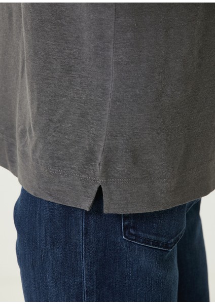 Gri Polo Yaka Keten T-Shirt