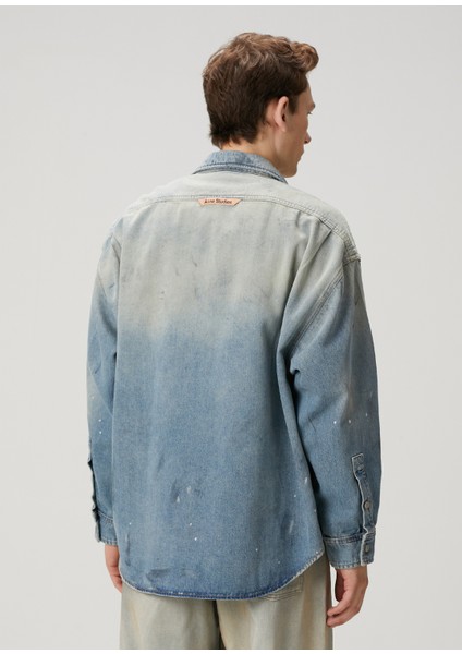 Relaxed Fit Açık Mavi Yıpratmalı Denim Gömlek