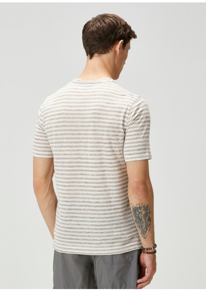 Bej Beyaz Çizgi Desenli Keten T-Shirt fırsatları