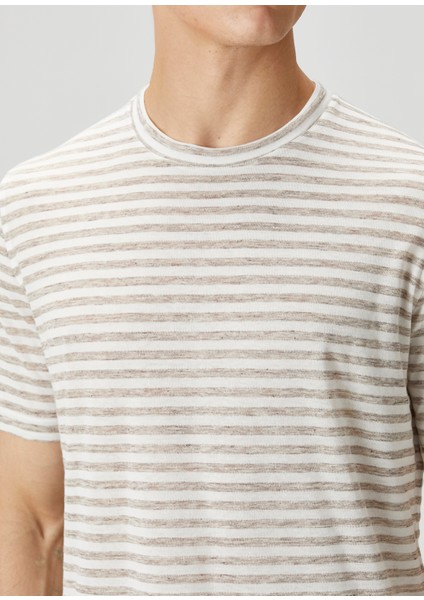 Bej Beyaz Çizgi Desenli Keten T-Shirt indirimleri